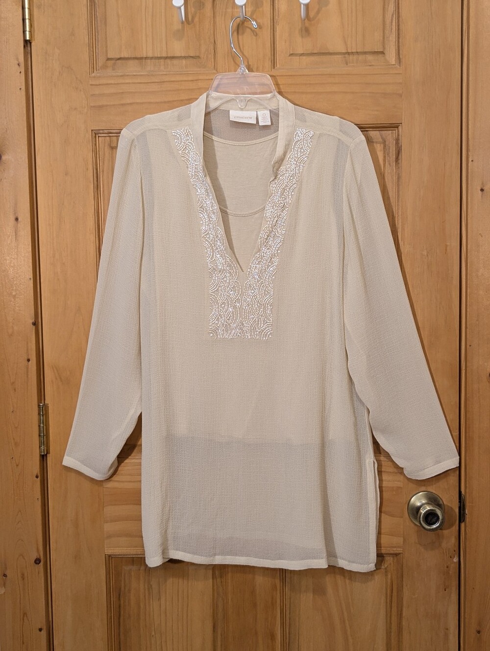Chico's Drama Embellished Tunic Cashew Cream Beige LS Blouse Sz 0/Sm Boho Flowy - Picture 8 of 16